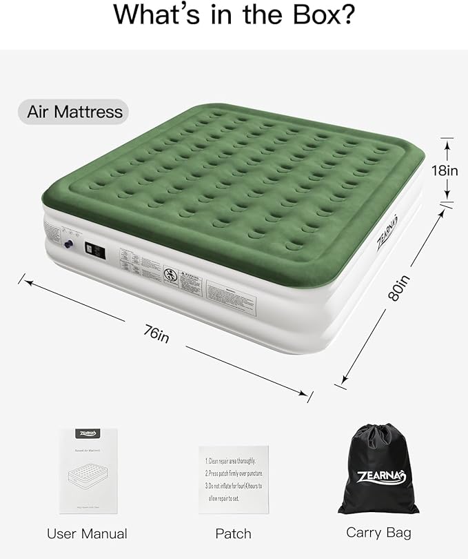 Zearna King Size Air Mattress with Built in Pump, 18" Raised Comfort Air Bed, Upgraded Flocked Top Blow up Mattress with Carrying Bag, Inflatable Mattress for Guests & Home, AirBed, 750 lbs Max