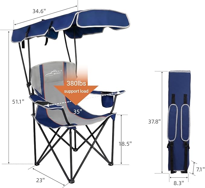 FAIR WIND Portable Canopy Camping Chair 380 LBS Capacity Heavy Duty Oversized Folding Lawn Chair with Sunshade for Beach, Fishing, Sports & Outdoors