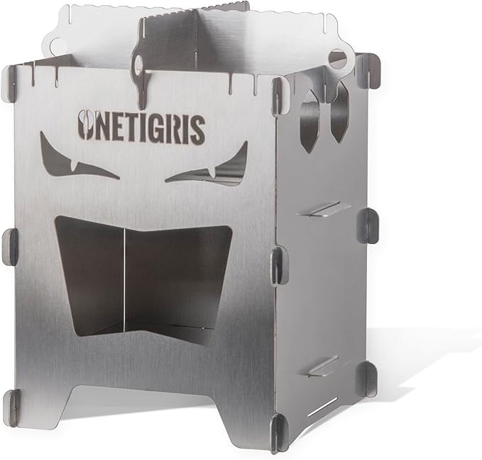 OneTigris Camping Backpacking Stove Portable Foldable Burning Wood Stove for Outdoor Hiking Picnic BBQ,Stainless Steel (Medium)