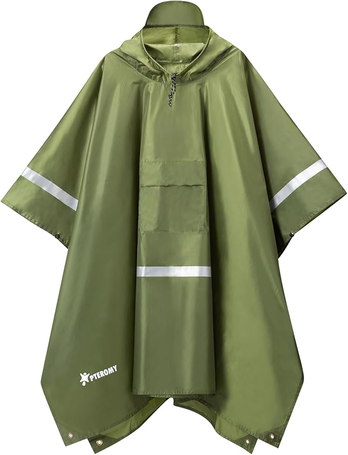 PTEROMY 3-in-1 Hooded Rain Poncho for Adult with Pocket, Waterproof Lightweight Unisex Raincoat for Hiking Camping Emergency