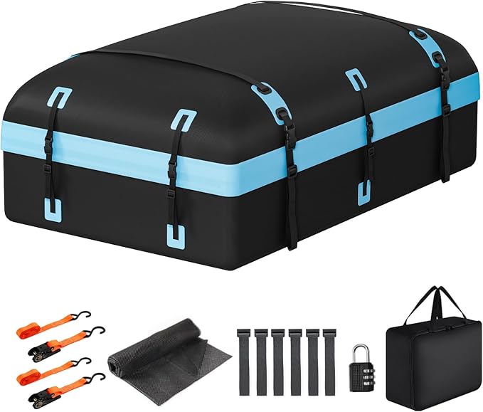 Car Rooftop Cargo Carrier Bag, 30 Cubic Feet Waterproof Soft-Shell Car Roof Bag for All Vehicle with/Without Roof Rack, Include Anti-Slip Mat, Reinforced Straps, Door Hooks and Luggage Lock, Blue