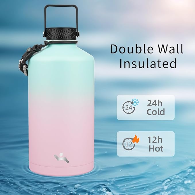 Konokyo Gallon Insulated Water Bottle with Straw,128 oz 3 Lids Water Jug with Carrying Bag,Paracord Handle, Double Wall Vacuum Stainless Steel Metal Flask,Gum