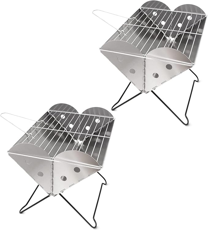 Vaygway Flatpack Portable Foldable Stainless Steel Grill and Fire Pit- Premium Quality Portable Travelling BBQ Grill- Wood Burning Charcoal Grill- For Camping, Hiking, Picnics (2 Pack)