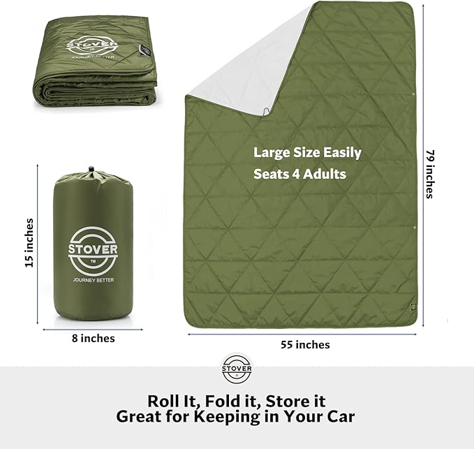STOVER Outdoor Waterproof Fleece Travel Blanket for Camping, Picnics, Stadiums, Sports, the Beach– Warm, Windproof, Compact, Lightweight & Sand-Resistant (Olive Green)