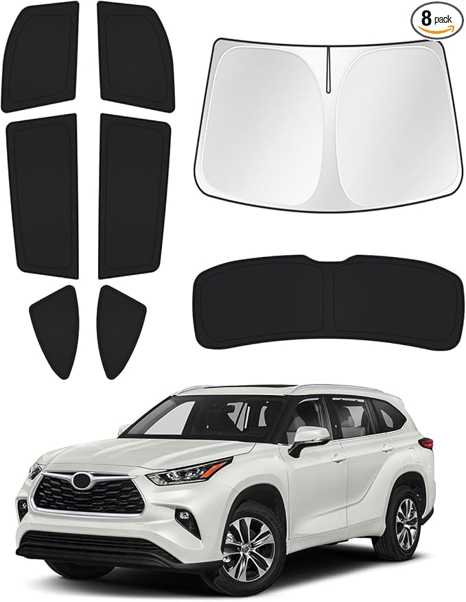 Canvcle Windshield Sun Shade for 2020-2025 2026 Toyota Highlander Accessories Side Rear Window Shade Cover Set Window Sun Visor Privacy for Camping Keep Vehicle Cool Black 8PCS