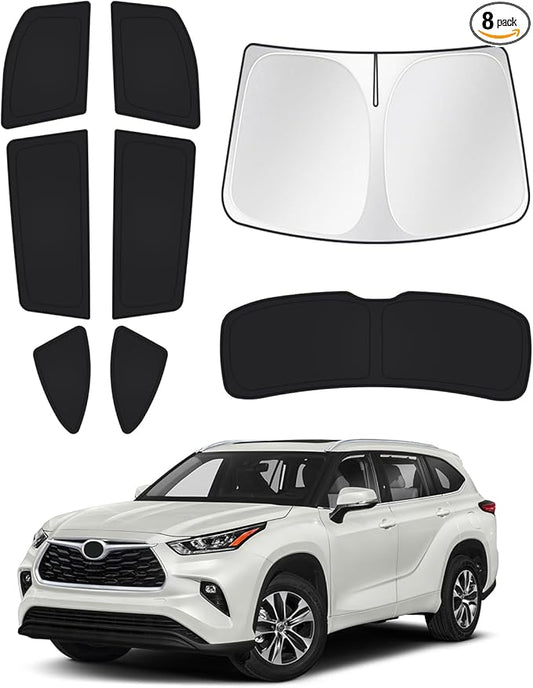 Canvcle Windshield Sun Shade for 2020-2025 2026 Toyota Highlander Accessories Side Rear Window Shade Cover Set Window Sun Visor Privacy for Camping Keep Vehicle Cool Black 8PCS