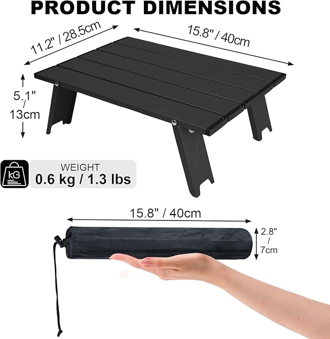Small Folding Camping Table, Ultralight Portable Mini Beach Table with Carry Bag, Compact Low Side Picnic Tables Aluminum for Beach Camping, Black