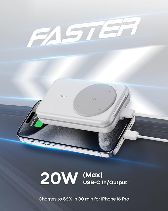 RORRY Portable Charger, 3-in-1 Charging Station 10000mAh Portable Charger Power Bank for MagSafe Foldable Battery Pack Travel for iPhone 17/16/15/14/13/12, for Apple Watch 11/10/9/8/7/Ultra/3/2, White