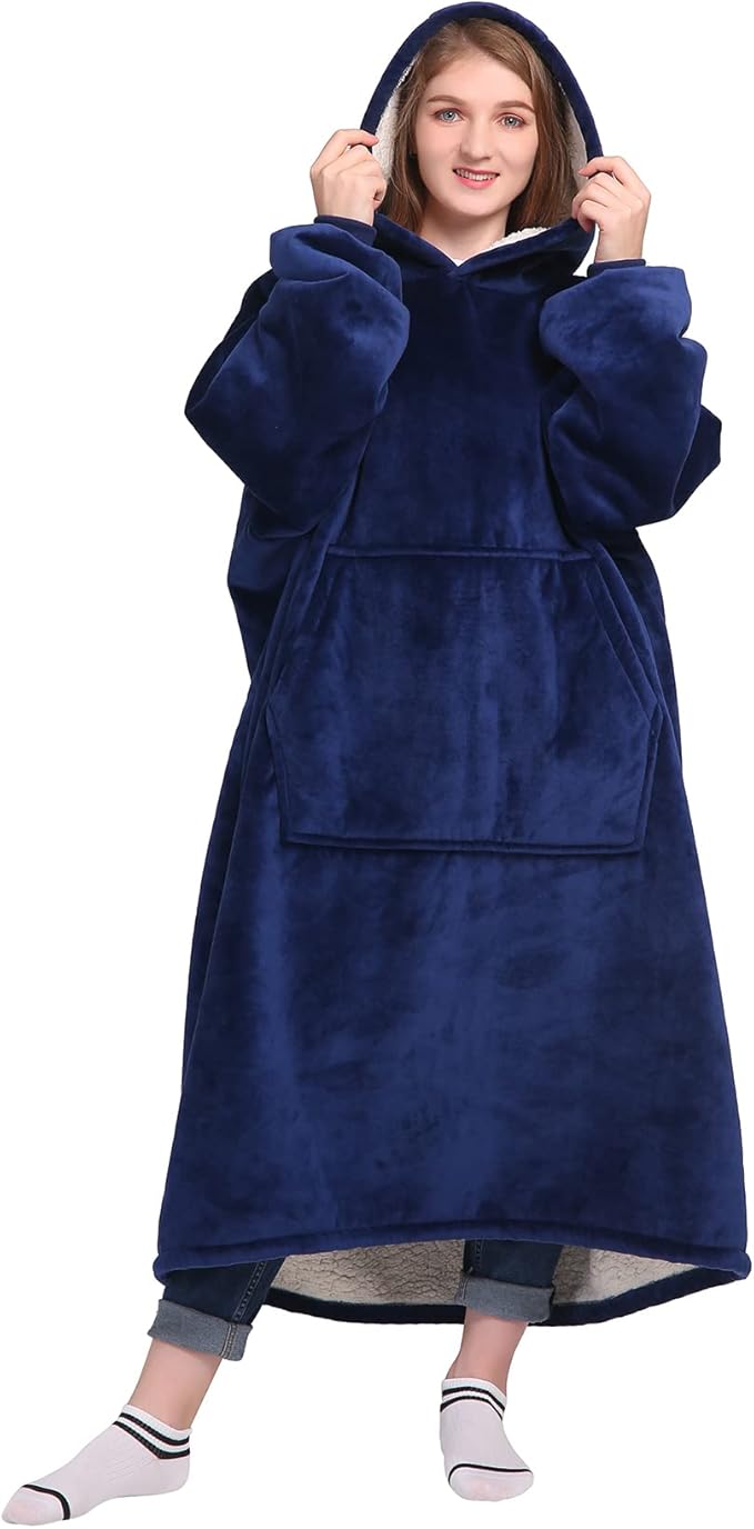Waitu Oversized Wearable Blanket Sweatshirt Gifts for Women and Men, Soft Sherpa Blanket Hoodie with Sleeves and Pocket, Warm Body Blanket Robe - Navy