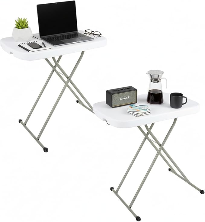 Lavish Home Portable Folding Tables - Lightweight Portable Folding Desk with Adjustable Height - Small Indoor Outdoor Plastic Table for TV Tray, Playing Cards & Craft Room (Set of 2/White/26 Wide)