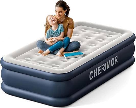 CHERIMOR Twin Air Mattress with Built in Pump, 18 Raised Thick Inflatable Bed, 440lb Comfort Support, Inflatable Blow Up Mattress with Carry Bag for Camping, Fast Self-Inflating Air Bed for Guest&Home