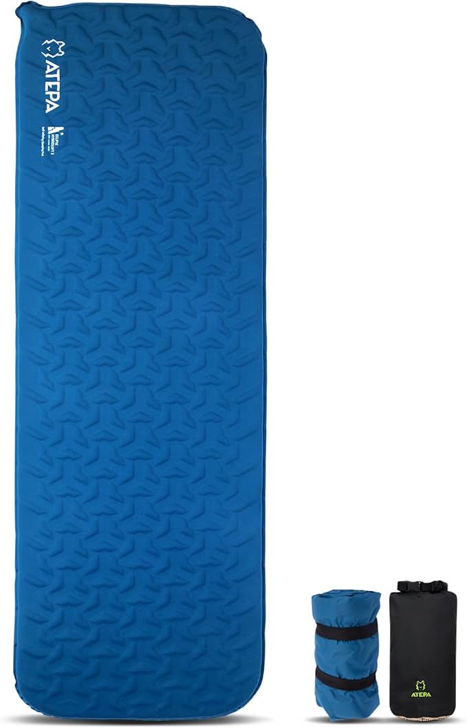 ATEPA Self-Inflating Sleeping Pad, Compact Foam Camping Pad with 3cm High-Resilience 4-Side-Compression Sponge, Lightweight & Portable Mat for Backpacking, Hiking, Camping, Blue
