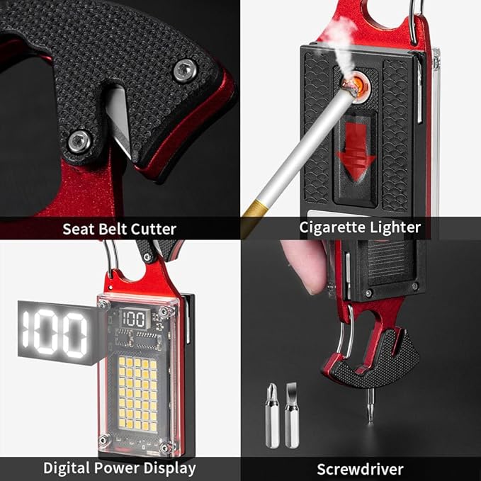 BY-J LED Multitool Small Flashlight, Keychain Light, COB Multi-Function Mini Work Light, 1000 Lumens Rechargeable, 8 Lighting Modes, Fire Starter, Seat Belt Cutter, Screwdriver, Red