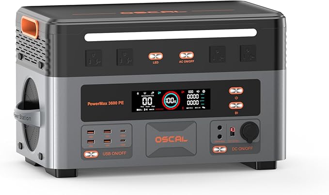 OSCAL 3600W Portable Power Station PowerMax 3600 PE, 2016Wh Solar Generator, 1500W AC Charging & 1600W Solar Charging, LiFePO4 Battery Power Station for Home Use, Power Outage, RV, Emergencies