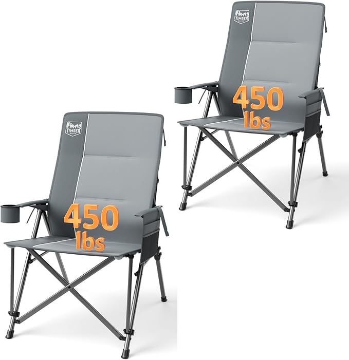 TIMBER RIDGE Oversized Camping Chair with Lumbar Support, Portable Folding Chair Heavy Duty for Adults Supports 450 LBS for Outdoor Camping, Lawn, with High Back, Cup Holder, Side Pocket - Grey, 2Pack