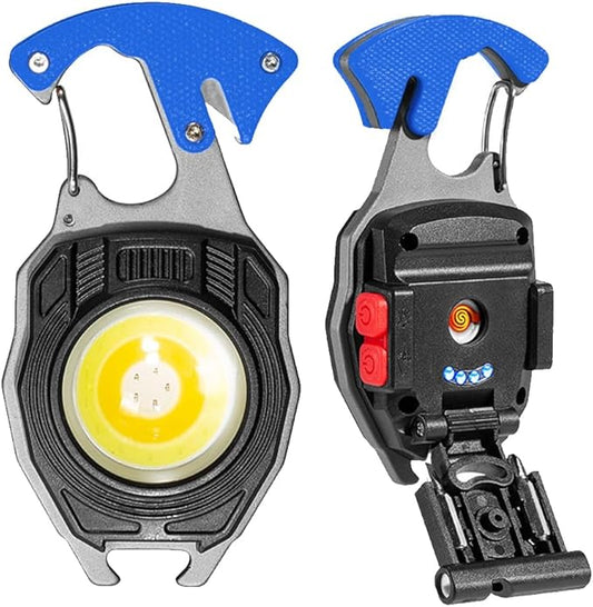 BY-J COB Keychain Work Light Keychain Flashlights, 7 Lighting Modes, 1600 Lumens, Rechargeable COB Work Light with Electric Lighter, Seat Belt Cutter, Screwdriver, Whistle