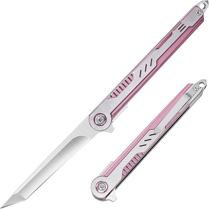 FUNBRO Pink Pocket Knife for Women - Slim EDC Knife with 7CR13Mov Steel Tanto Blade, Clip and Glass Breaker - Womens Knife for Self Defense - Cute Girl Survival Tool Pocket & Folding Knives