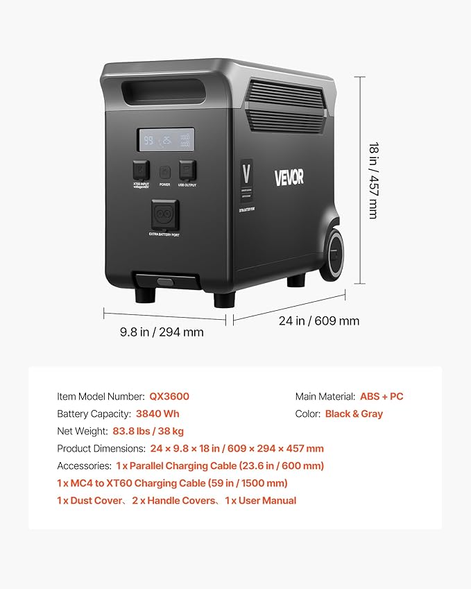 VEVOR Extra Battery for Portable Power Station, 3840Wh LiFePO4 Extra Expansion Battery with 3 Output Ports for Home Use, Outdoor Camping, Road Trips, RVs, Emergencies