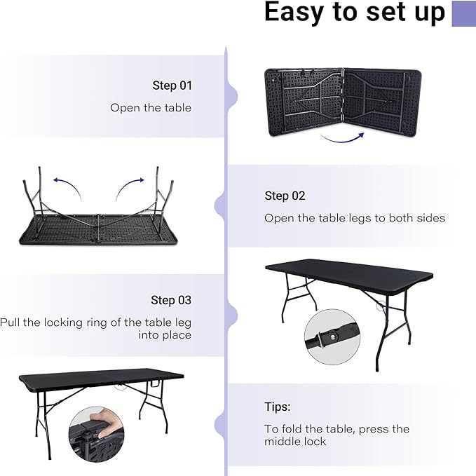 Byliable Folding Table 6ft Portable Heavy Duty Plastic Fold-in-Half 6 Foot Foldable Table Utility Dining Indoor Outdoor for Camping Picnic and Party, Black