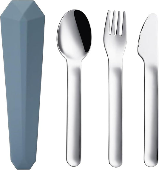 Utensils for Lunch Box Accessories, DEVICO Travel Silverware Set with Case, Camping Flatware Include 18/8 Stainless Steel Knife Fork and Spoon Set, Reusable Portable Cutlery Set for School (Blue)