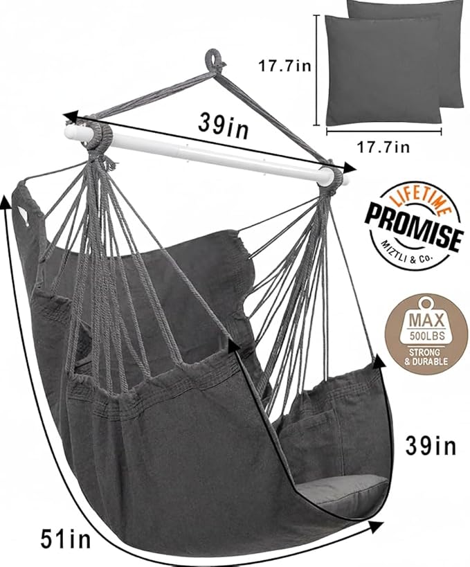 MIZTLI Hammock Chair Hanging Chair Swing Chair Hanging Chair for Bedroom Indoor Outdoor- Max 500 Lbs－Steel Spreader Bar with Anti-Slip Rings, 2 Cushions
