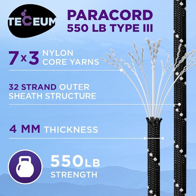 TECEUM Reflective Paracord Rope 1000 – 1000ft/200ft/100ft/50ft – 40+ Colors – Glow in The Dark – para Cord – Utility Rope for Survival, Hunting & Camping Gear – Nylon String, Camping Rope, Tent Cord