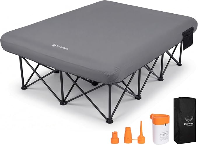 FUNDANGO Queen Camping Cot with Electric Pump, Inflatable Air Mattress Bed with Removable & Washable Cover, Folding Frame, Cup Holders, Carry Bag for Adults, Tent, Guest (80"x60")