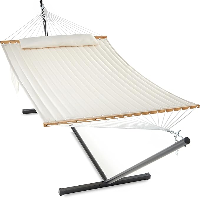 GAFETE 2 Person Hammock with Stand for Outside, Heavy Duty Steel Stand, Double 55inch Hammocks, Large Removable Pillow, Storage Bags, Max 475 lbs Capacity (Beige)