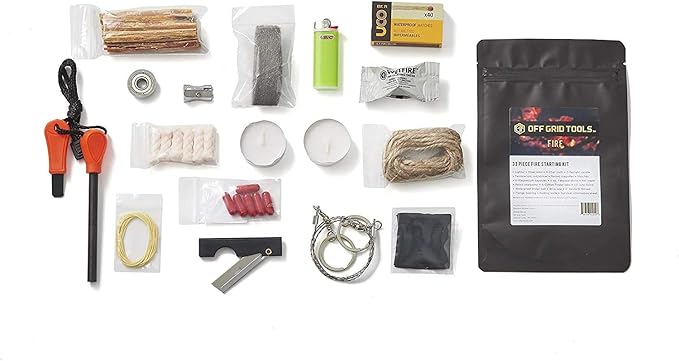 Off Grid Tools Fire Starting Kit, 33 Pieces Outdoor Survival Kit, Resealable Waterproof Bag, Includes Survival Information Sheet, Tactical Gear & Accessories