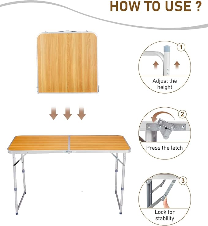 Outvita 4ft Portable Folding Camping Table, Outdoor Waterproof Adjustable Height Table, Aluminum Lightweight Suitcase Foldable Table for Picnic BBQ Beach Dining