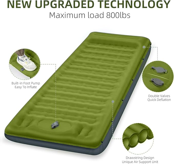 FNARMW Camping Sleeping Pad, Extra Thick 5 Inch Camping Mat with Pillow Built-in Foot Pump Inflatable Sleeping Pads Compact for Camping Backpacking Hiking Traveling Tent（Military Yellow）