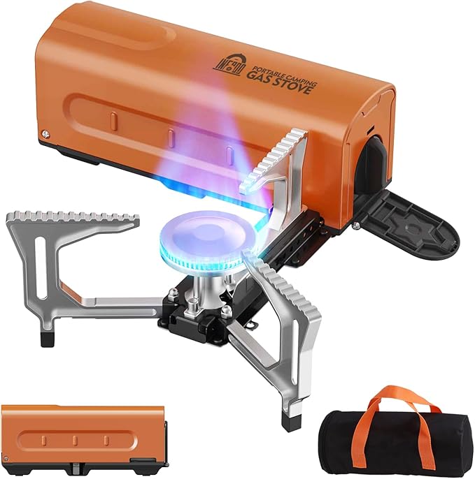INFOOD Portable Butane Gas Camping Stove - 7500 BTU Compact Folding Design with Carry Bag for Backpacking, RV Trips, Picnic & Outdoor Indoor Cooking, Orange