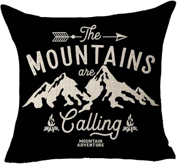 The Mountains are Calling Adventure Arrow Campfire Outdoor Adventure Mountain Forest Trees Throw Pillow Cover Cushion Case Cotton Linen Material Decorative 18X18 inches