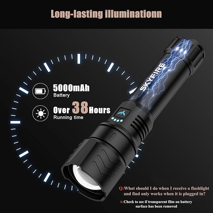SKYFIRE Rechargeable Flashlights High Lumens with Ignition Lens,5000mAh Super Bright Flashlight Waterproof Powerful LED Tactical Flash Light for Camping Essentials Outdoor Home&Gifts