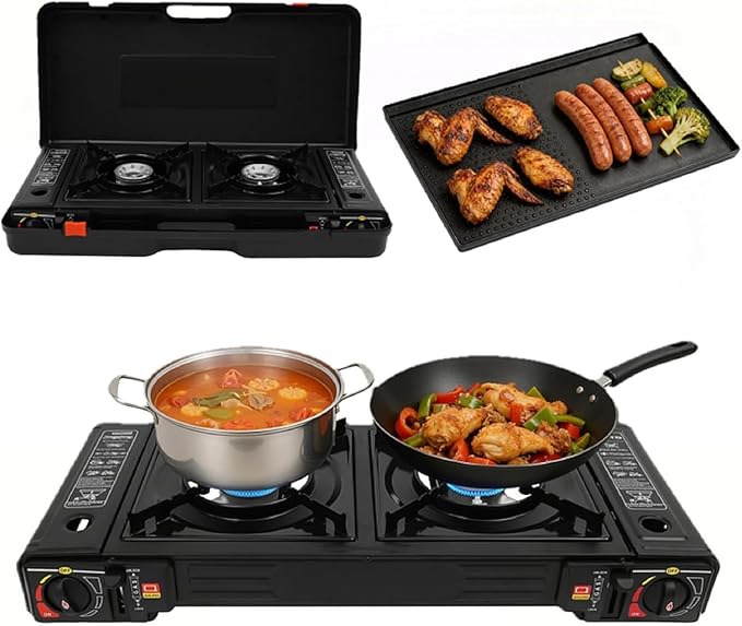 Portable Camping Stove｜24,000 BTU Dual Burner Gas Grill w/Removable Case｜Compact 24.8" Outdoor Cooker for RV Tailgating｜Stainless Steel 2-Burner Butane & LPG Stove (w/Grill Tray)