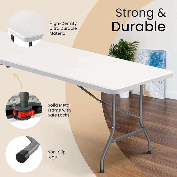 Our Modern Space 8 Feet Foldable Table with Built in Handle & Steel Legs | Heavy Duty Portable | Perfect for Party, Dining, Wedding, Events, Picnic Indoor, Outdoor, Camping, Utility, Temporary