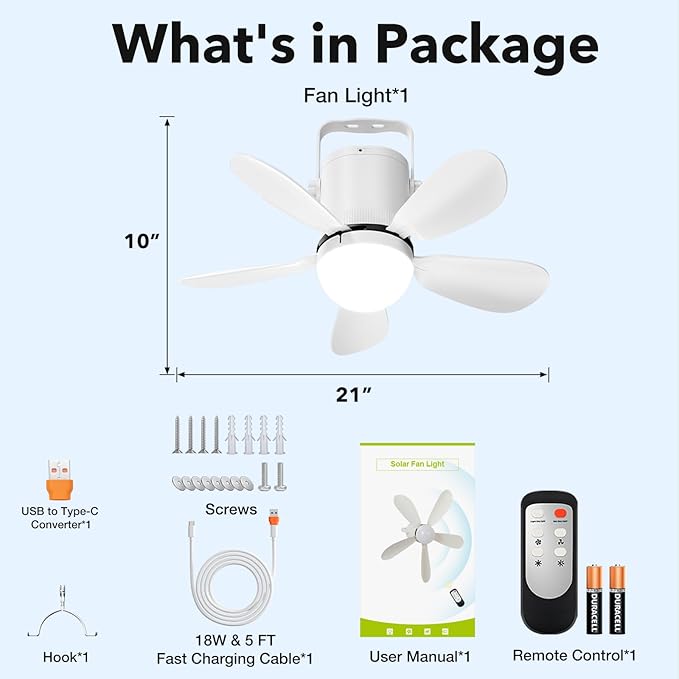 21” Ceiling Fan Light, Battery Operated Gazebo Fan Light with Remote, Portable Rechargeable Ceiling Camping Fan Light for Outside, for Tent Canopy Porch Patio Greenhouse Camping RVs Pergola