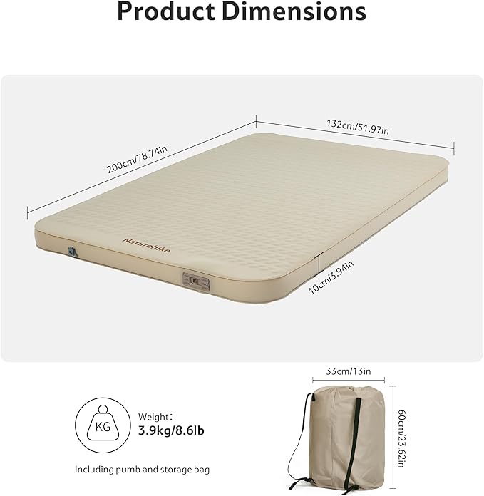 Naturehike 3.94’’ Thick Self Inflating Sleeping Pad with Built in Pump, Double Foam & Air Camping Mattress, Full XL Camping Sleeping Pad for Tent, Car, Cot, Truck, 661 lbs Support