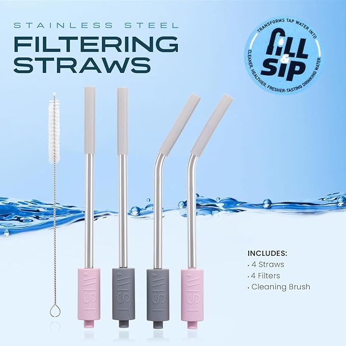 Mist Reusable Stainless Steel Metal Straws With Filter, Removes Chlorine & Odor, Silicon Tips, DIshwasher Safe. 2 Pink 2 Gray, 4 Pack