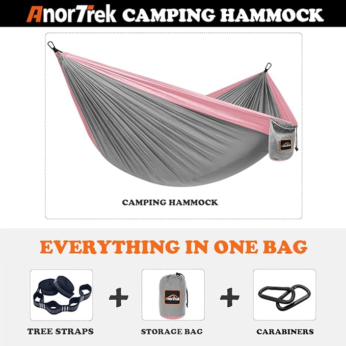 AnorTrek Camping Hammock, Super Lightweight Portable Parachute Hammock with Two Tree Straps Single or Double Nylon Travel Tree Hammocks for Camping Backpacking Hiking