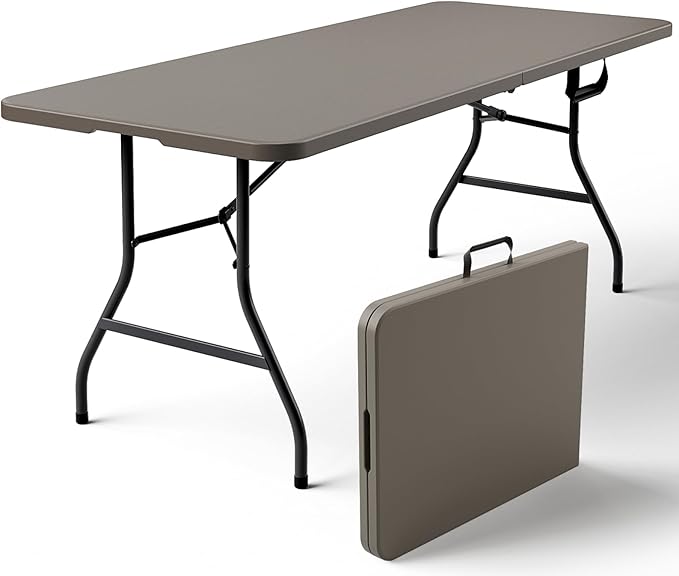 Folding Table 6ft - Heavy Duty Plastic Table with Handle, Foldable & Portable, Fold-in-Half Utility Tables for Outdoor, Dining, Wedding, Events, Indoor, Picnic, Camping, Party (Khaki)