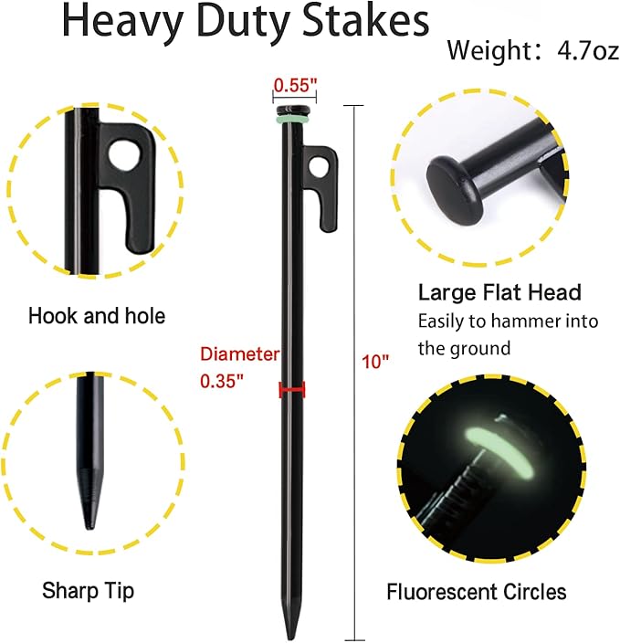 Tent Stakes, 12Pcs 10in Heavy Duty Forged Steel Tent Stakes +Storage Pouch, Used on Rocks, Snowfield, Dessert, Stormy Weather (12Pcs 10in Stakes)