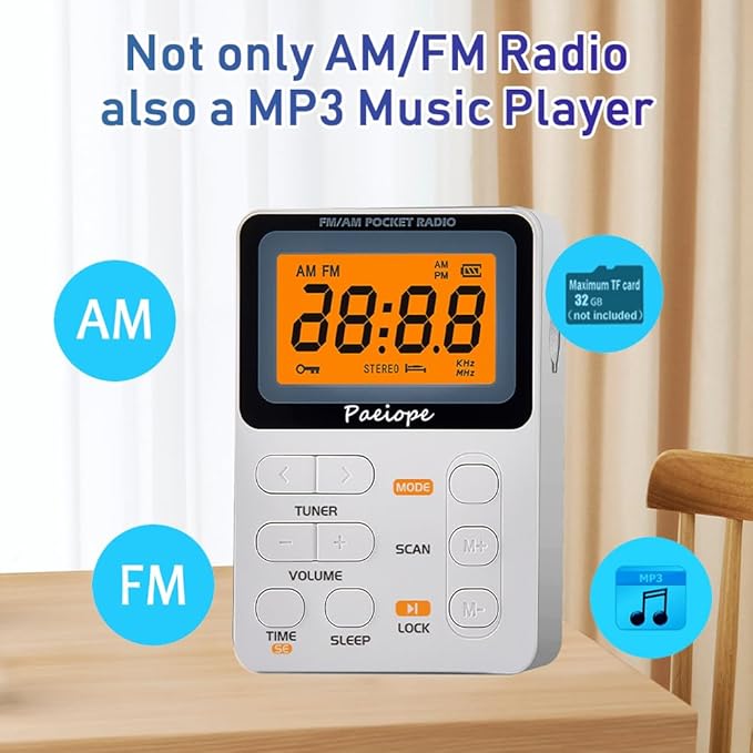 Portable Radio AM FM, Rechargeable Pocket Speaker with Best Reception Digital Tuning, MP3, Stereo Earphone, Large LCD Screen, TF Card Socket, Transistor Radio for Jogging/Gym/Camping(White)