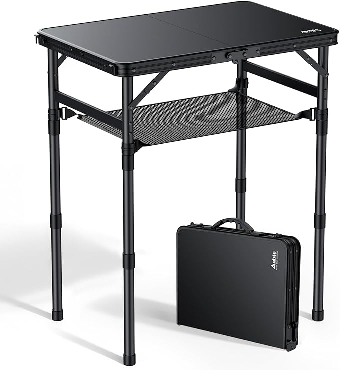Anbte 2ft Small Folding Camping Table, Waterproof Flat Plastic Tabletop 3 Adjustable Height Portable Camping Table with Storage Net, for Picnic Indoor Outdoor Travel Beach, 22.8" X 15.7", Pure Black