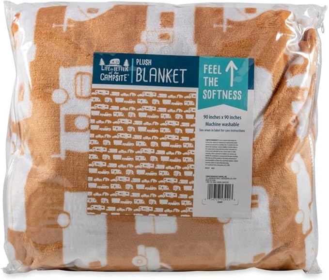 Camco 53441 Life is Better at The Campsite Plush Fleece Blanket, Queen Size - Keeps You Warm While at Home, Camping or on Picnics - Machine Washable - Features a Brand RV Print, Autumn Gold