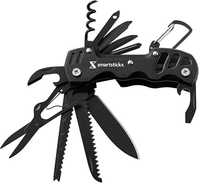 SmartstickX 16 In 1 Pocket Knife multitool Military Grade Steel: Swiss Style Multi Functional Small Folding Knife with Keychain, Easy to Carry, Wine/Bottle Opener, Scissors, Saw, Screwdrivers