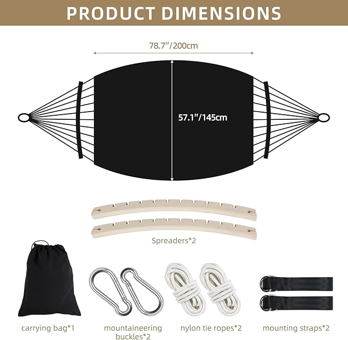 Portable Hammock, Hanging Hammock with Tassels and Fishtail Knitting, 320GSM Hanging Bed with Set Full Accessories for Outdoor Camping Patio Balcony Black