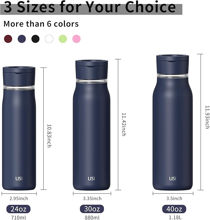 LISI 40oz Insulated Water Bottle, Double Wall Stainless Steel Water Bottles with Straw, 100% Leak-Proof Travel Thermal Canteen Mug with 2 Lids (Straw, Phone Holder Lid)