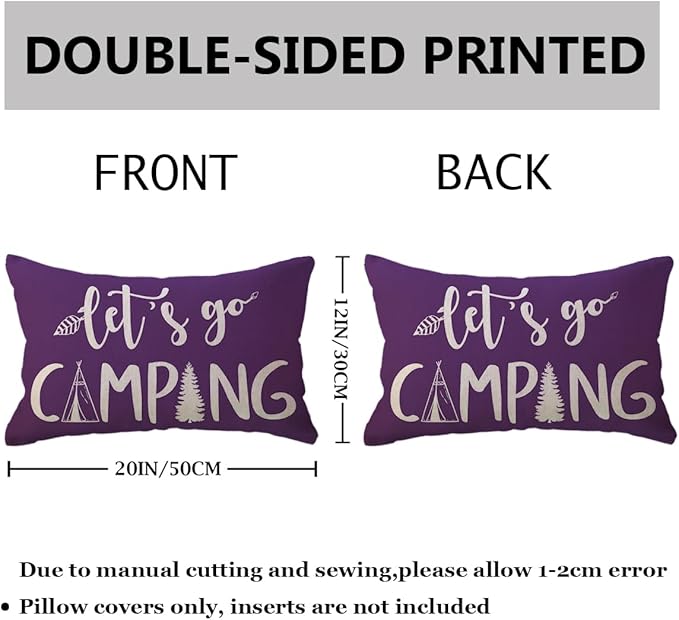 Adventure Camper Decorative Lumbar Pillowcase Double-sided Let’s Go Camping/Adventure Awaits Throw Pillow Covers Cabin/Camper Cushion Covers 12x20,2Pack for Sofa/Couch/Porch (Purple)