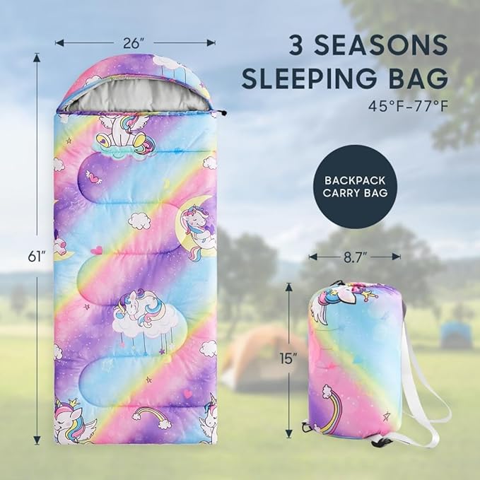 Wake In Cloud - Kids Sleeping Bag for Girls Toddlers, Camping in Warm Cold Weather, Backpacking Lightweight Compact Outdoor Liner for 3 Seasons, Unicorns Rainbow Hearts